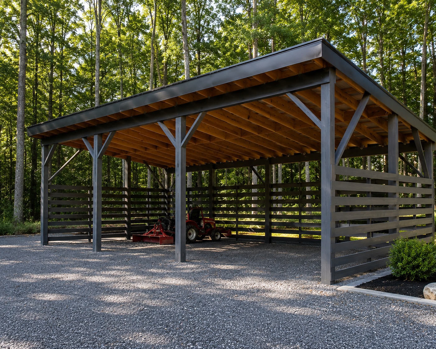 Open-sided pole building for tractor and equipment storage
